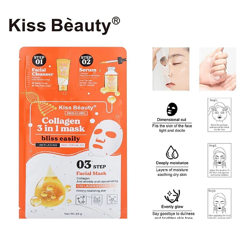 Mascarilla Facial 3 en 1 de Colágeno Kiss Beauty con Limpiador y Sérum - Chuys Beautys | Chuys Beautys