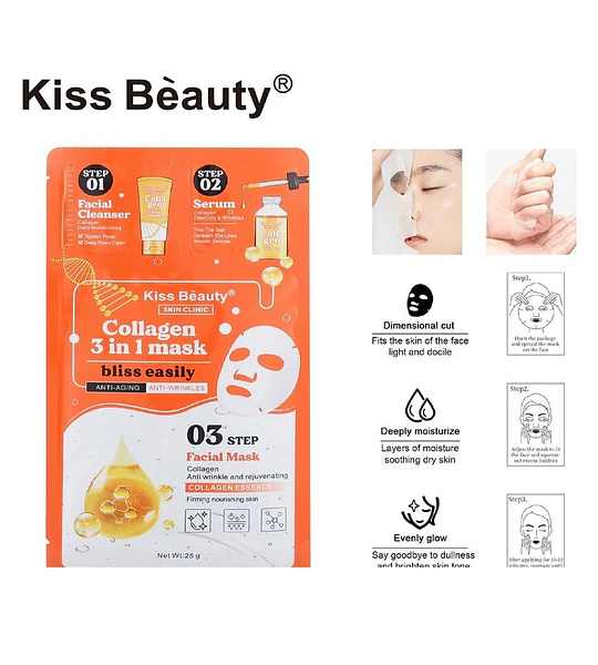 Mascarilla Facial 3 en 1 de Colágeno Kiss Beauty con Limpiador y Sérum