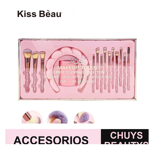 Kit de Brochas de Maquillaje Kiss Bèauty con Diadema y Copa Organizadora Rosa Glitter - Chuys Beautys | Chuys Beautys
