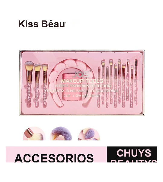 Kit de Brochas de Maquillaje Kiss Bèauty con Diadema y Copa Organizadora Rosa Glitter