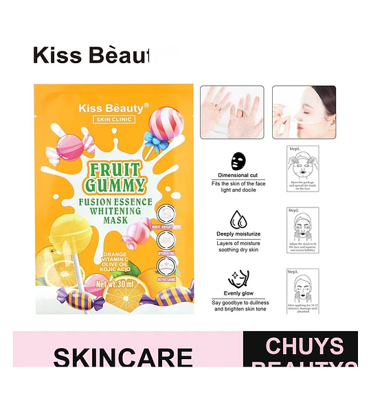 Mascarilla Facial Blanqueadora Kiss Beauty Fruit Gummy con Vitamina C y Ácido Kójico