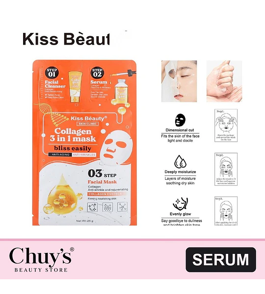 Mascarilla Facial 3 en 1 de Colágeno Kiss Beauty con Limpiador y Sérum