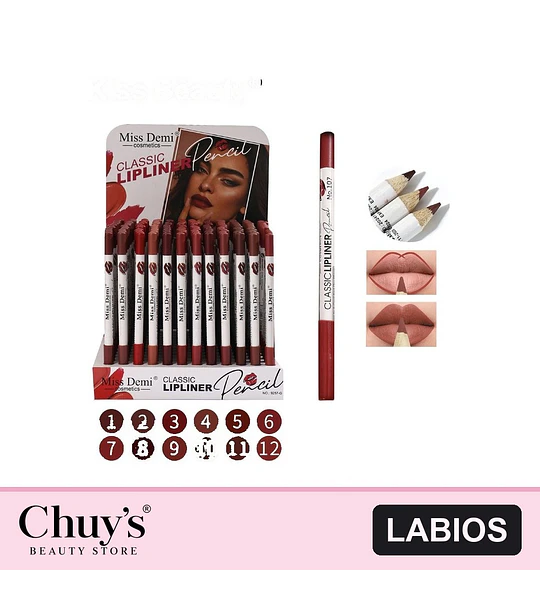 Lápices Delineadores de Labios Clásicos Miss Demi, Kit Surtido de 12 Tonos