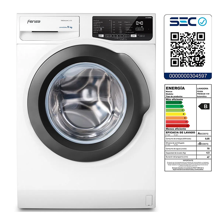 LAVADORA AUTOMÁTICA FENSA 11KG CARGA FRONTAL INVERTER CON VAPOR PREMIUM CARE 11W BLANCA 6