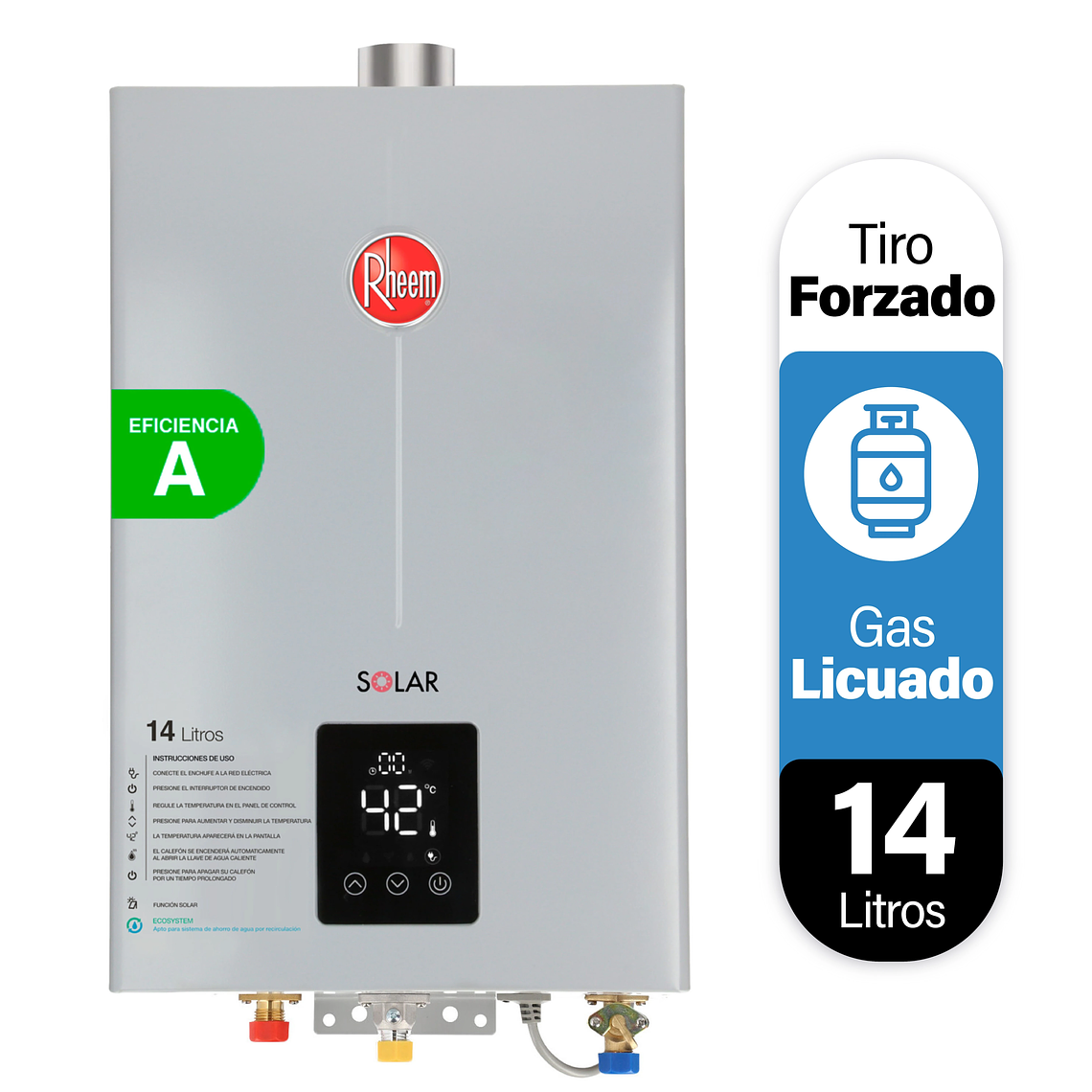 CALEFONT DIGITAL 14 LITROS GAS LICUADO TIRO FORZADO RHEEM 1