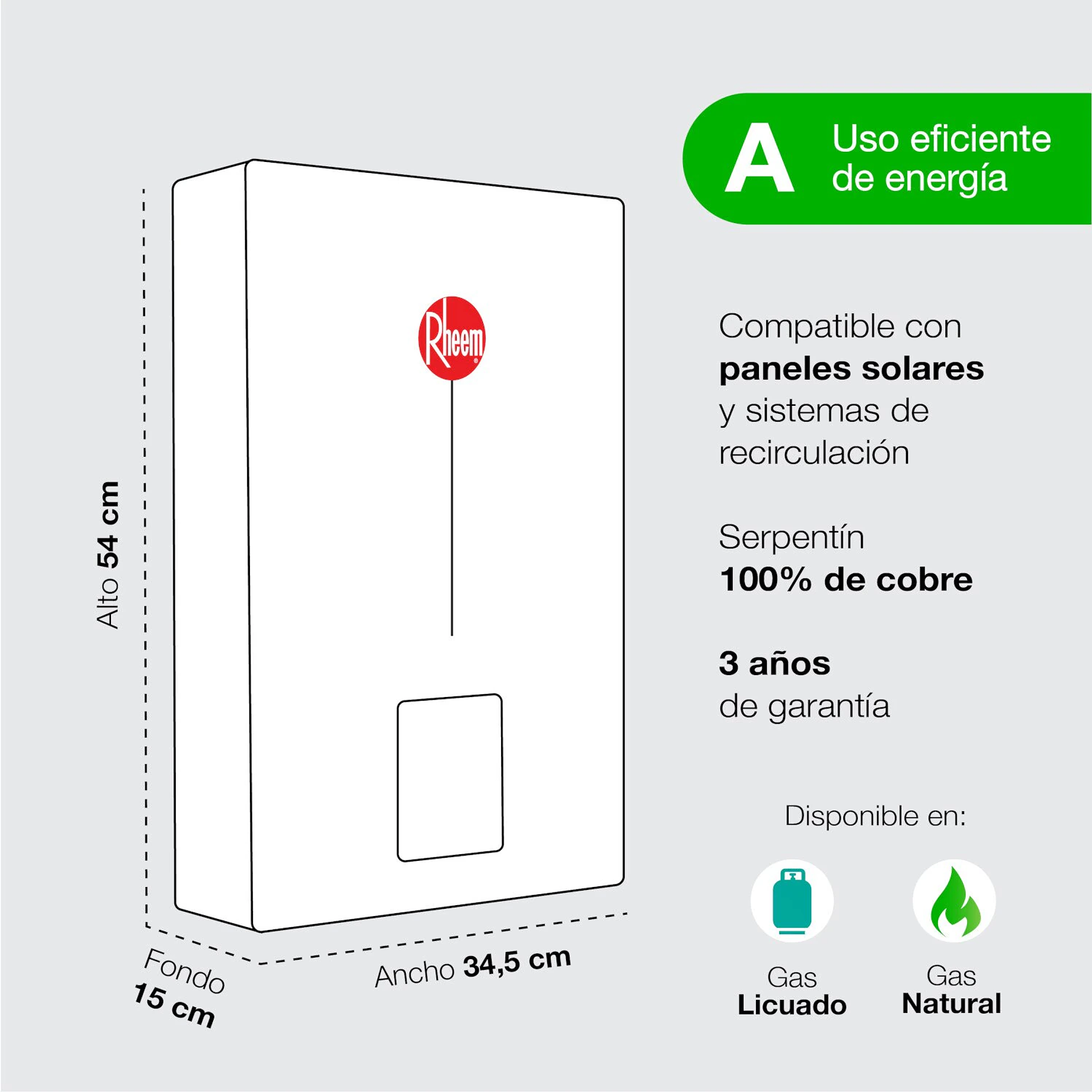 Calefon 10 litros Gas Natural Tiro forzado Rheem