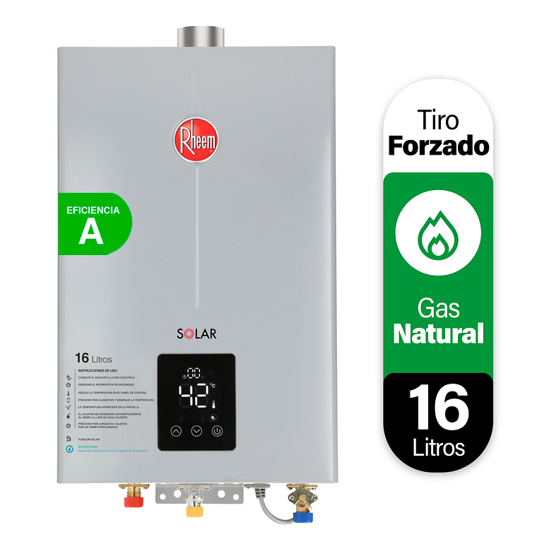 CALEFONT DIGITAL 16 LITROS GAS NATURAL TIRO FORZADO RHEEM 1