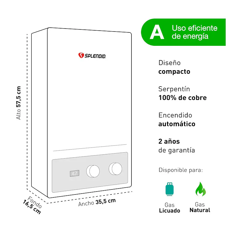 Calefon 10 litros Gas natural Tiro forzado Splendid 3
