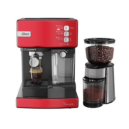 Kit Cafetera automática de espresso roja Oster® PrimaLatte™ BVSTEM6603R y Molinillo de café Oster® con 18 ajustes