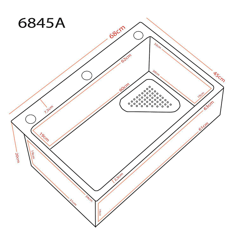 Lavaplatos empotrado de una cubeta empotrado con accesorios incluidos. 68x45x20cm 3