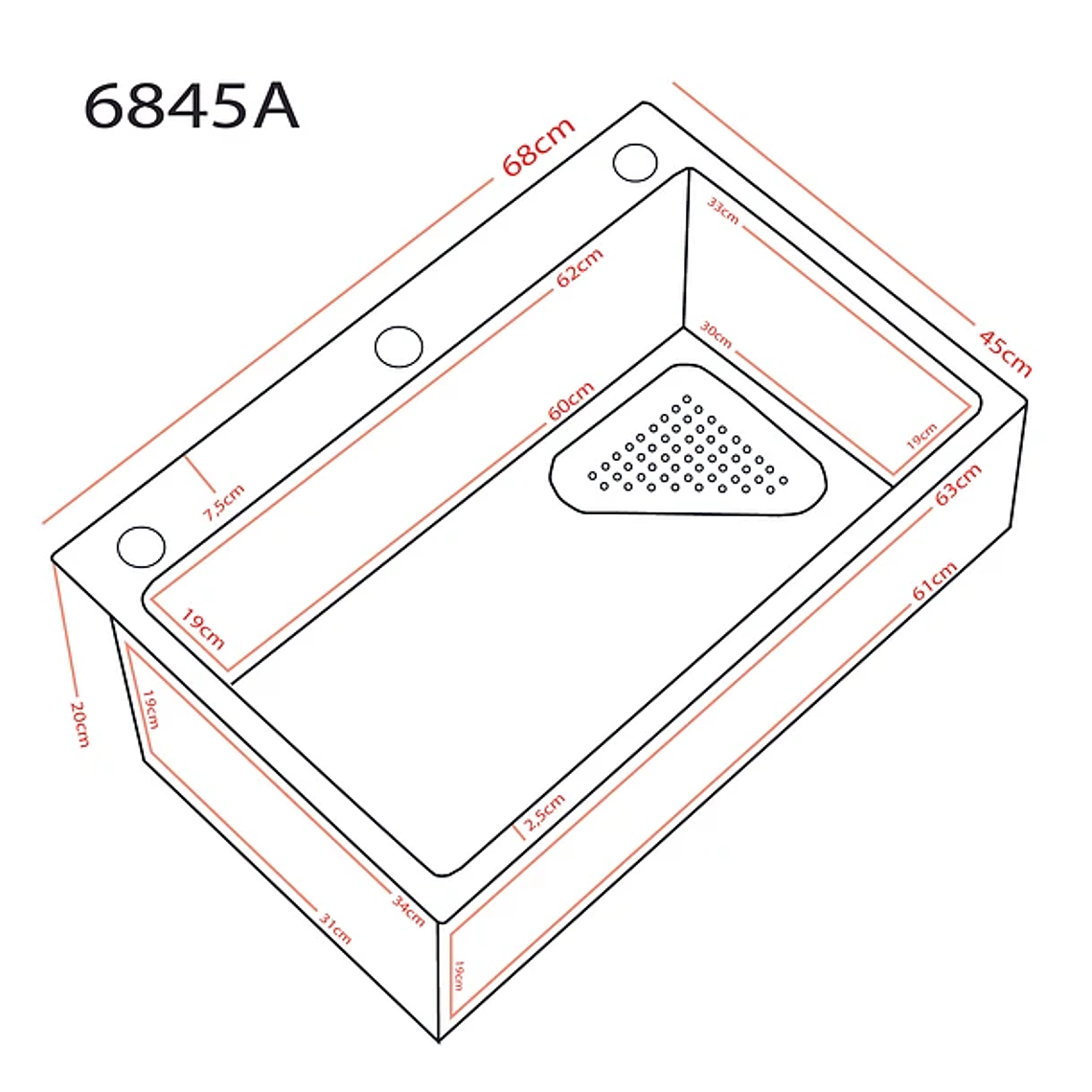Lavaplatos empotrado de una cubeta empotrado con accesorios incluidos. 68x45x20cm 4