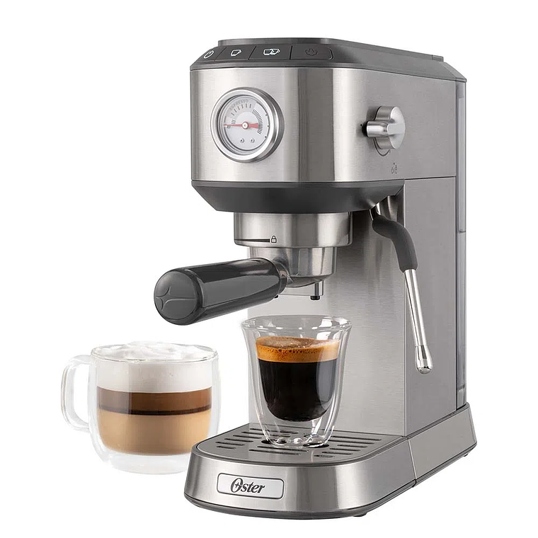 OSTER CAFETERA COMPACTA, PARA ESPRESSO Y CAPPUCCINO, BOMBA ITALIANA 15 BAR, ACCESORIOS PROFESIONALES, PLATEADA, BVSTEM7200 1