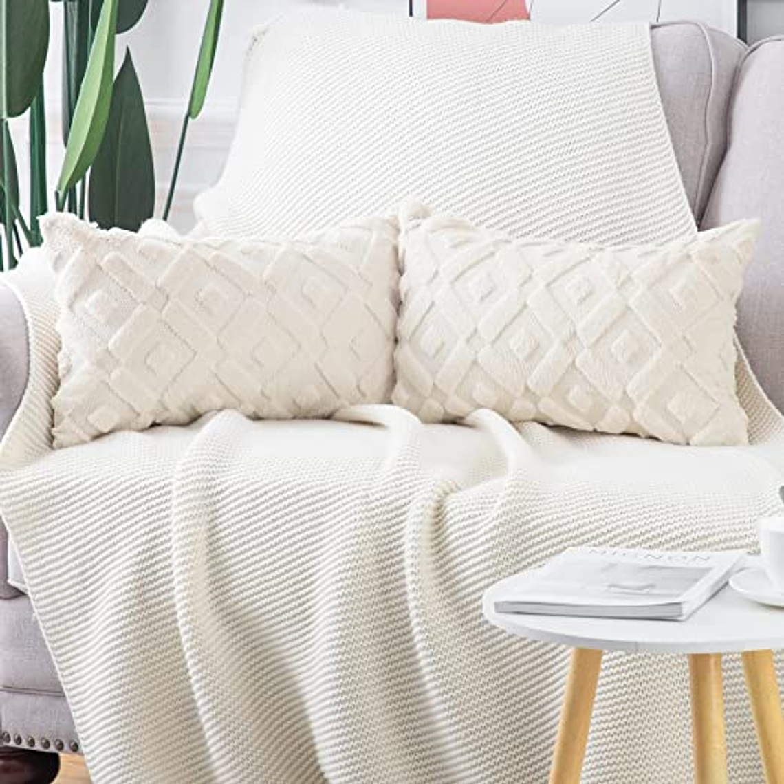 FUNDA DE COJIN  TEXTURA GEOMETRICA LANA CORTA Y TERCIOPELO 30 X 50 CREMA BEIGE 1