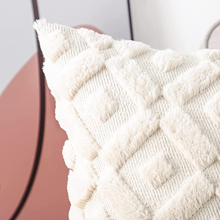 FUNDA DE COJIN  TEXTURA GEOMETRICA LANA CORTA Y TERCIOPELO 30 X 50 CREMA BEIGE 3