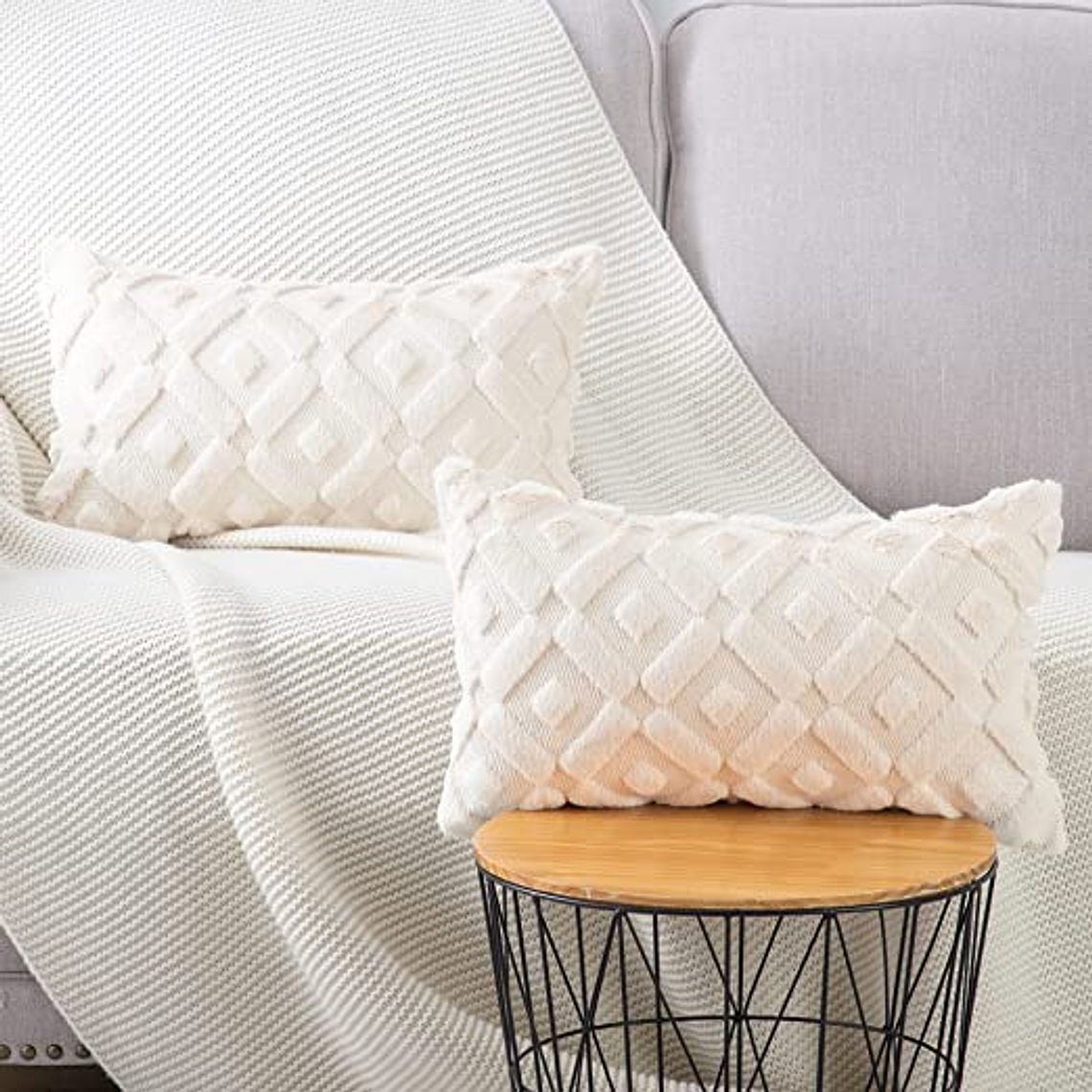 FUNDA DE COJIN  TEXTURA GEOMETRICA LANA CORTA Y TERCIOPELO 30 X 50 CREMA BEIGE 2