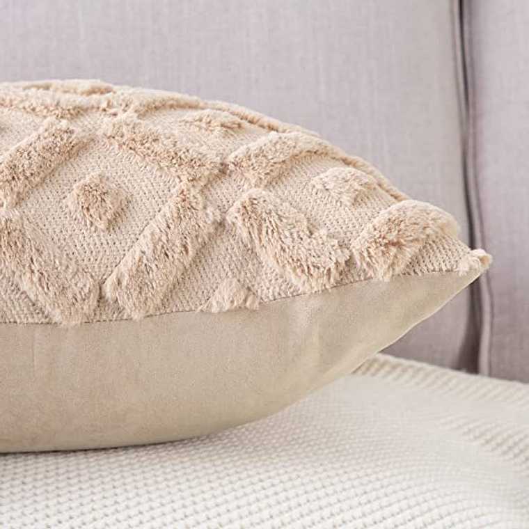 FUNDA DE COJIN  TEXTURA GEOMETRICA LANA CORTA Y TERCIOPELO 30 X 50 CAQUI 5