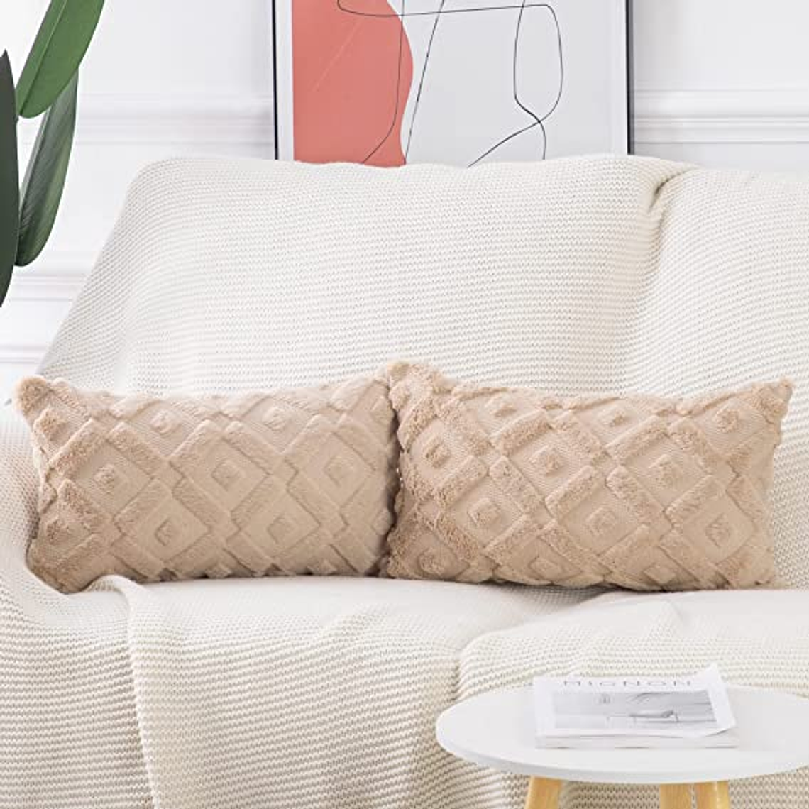 FUNDA DE COJIN  TEXTURA GEOMETRICA LANA CORTA Y TERCIOPELO 30 X 50 CAQUI 3