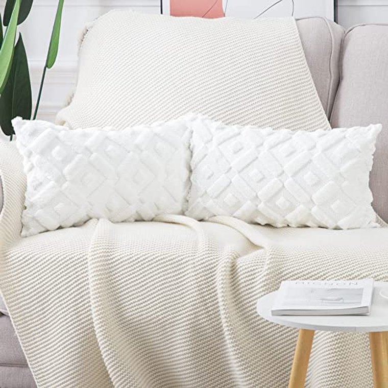FUNDA DE COJIN  TEXTURA GEOMETRICA LANA CORTA Y TERCIOPELO 30 X 50 BLANCO PURO 3