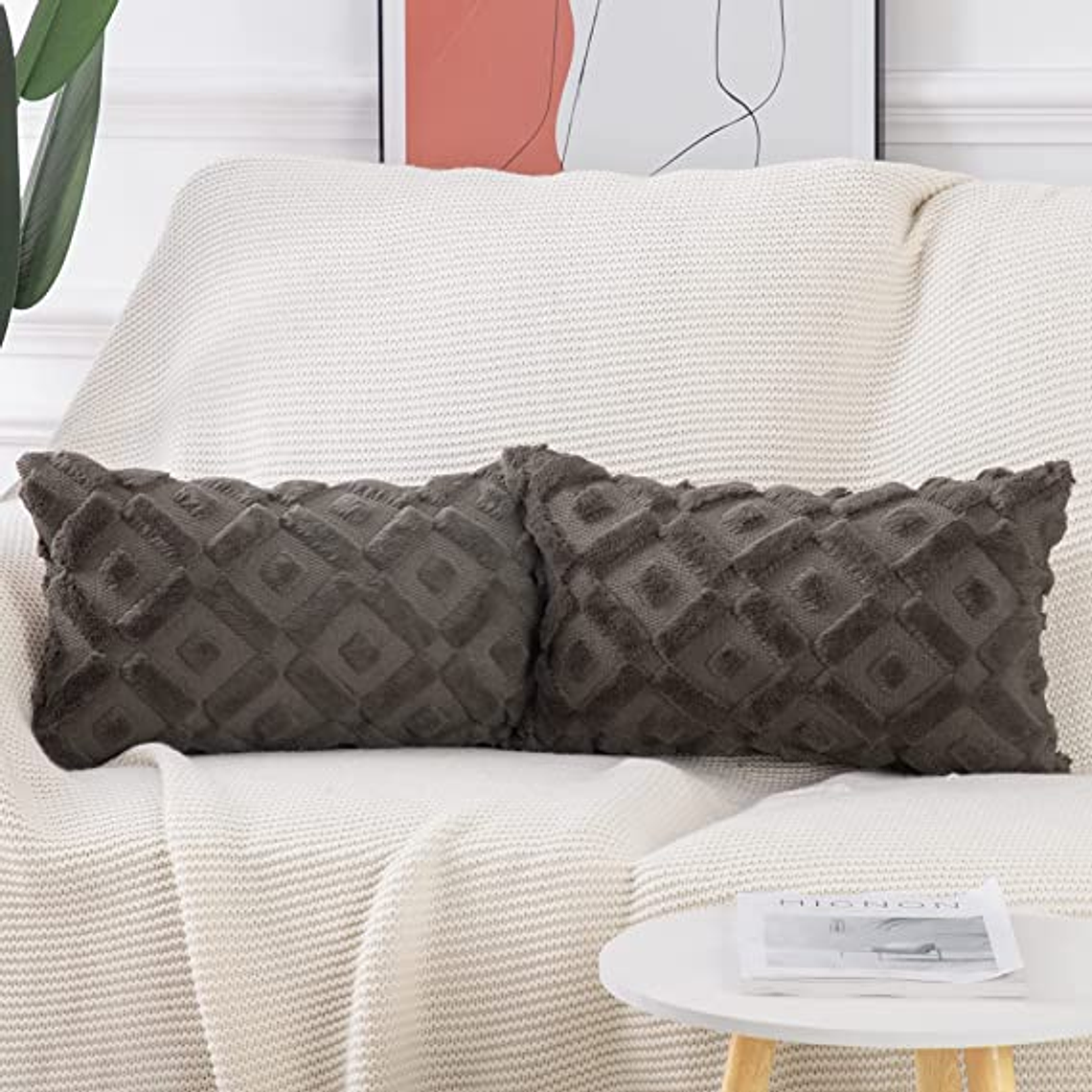 FUNDA DE COJIN  TEXTURA GEOMETRICA LANA CORTA Y TERCIOPELO 30 X 50 GRIS PARDO 3