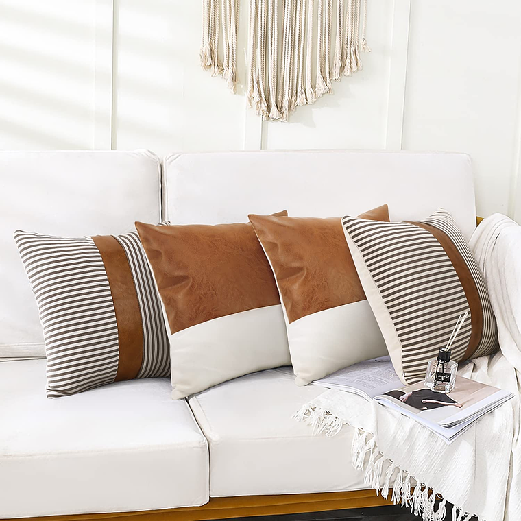 JUEGO DE 4 FUNDA DE COJIN CUERO SINTETICO CON ALGODÓN  45 X 45 RAYAS GRISES 3