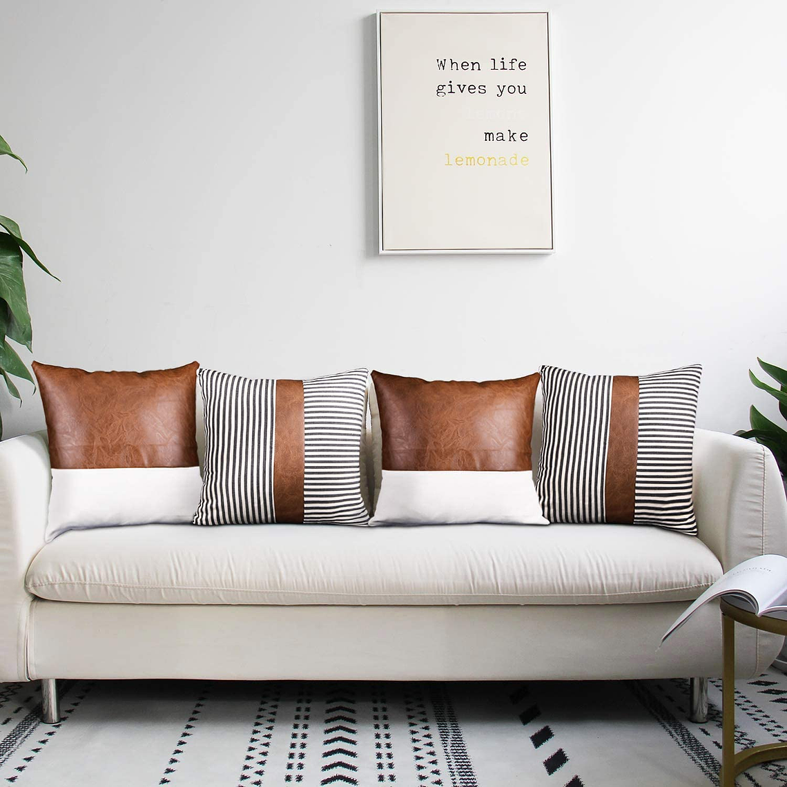 JUEGO DE 4 FUNDAS DE COJIN CUERO SINTETICO CON ALGODÓN  45 X 45 RAYAS NEGRAS 3