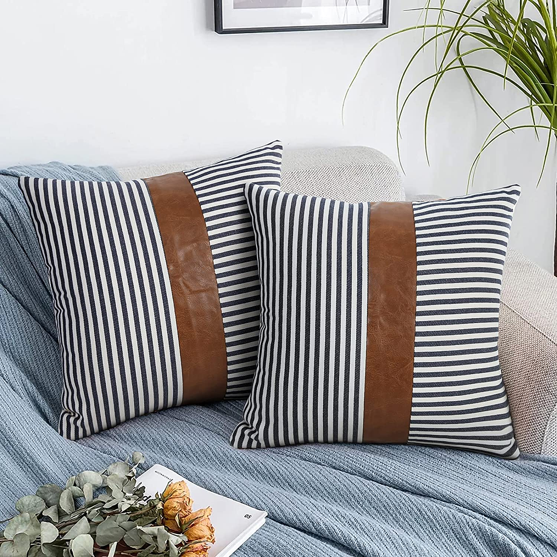 JUEGO DE 4 FUNDA DE COJIN CUERO SINTETICO CON ALGODÓN  45 X 45 RAYAS AZUL MARINO 2