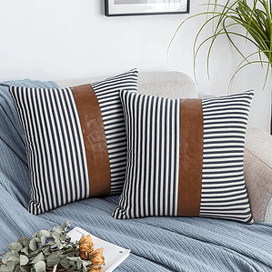 JUEGO DE 4 FUNDA DE COJIN CUERO SINTETICO CON ALGODÓN  45 X 45 RAYAS AZUL MARINO