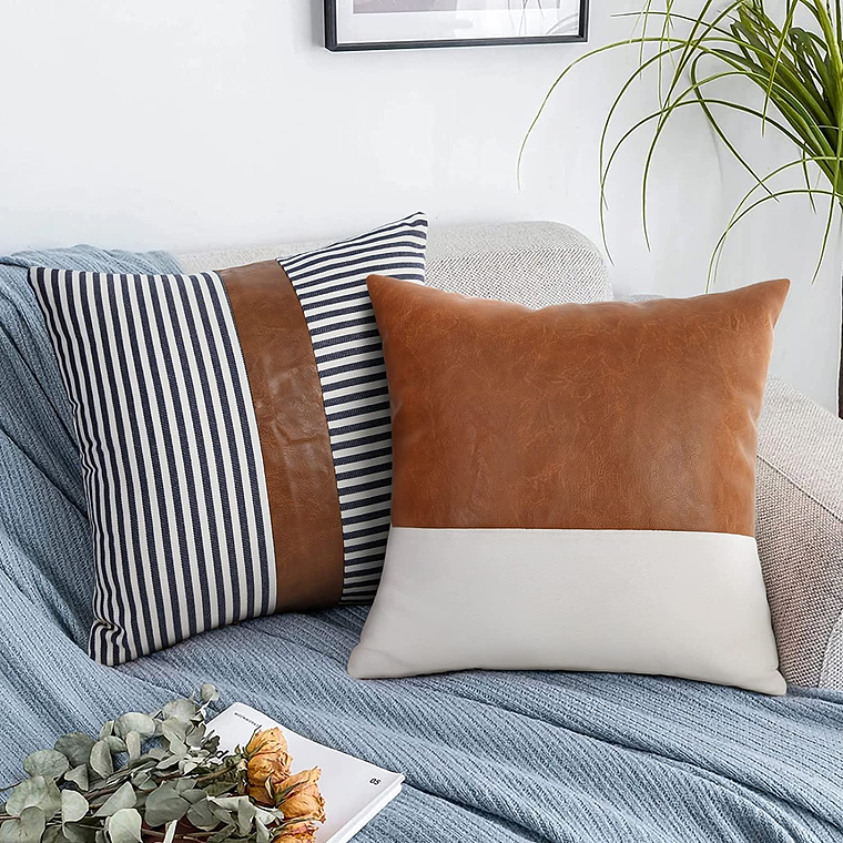 JUEGO DE 4 FUNDA DE COJIN CUERO SINTETICO CON ALGODÓN  45 X 45 RAYAS AZUL MARINO 4