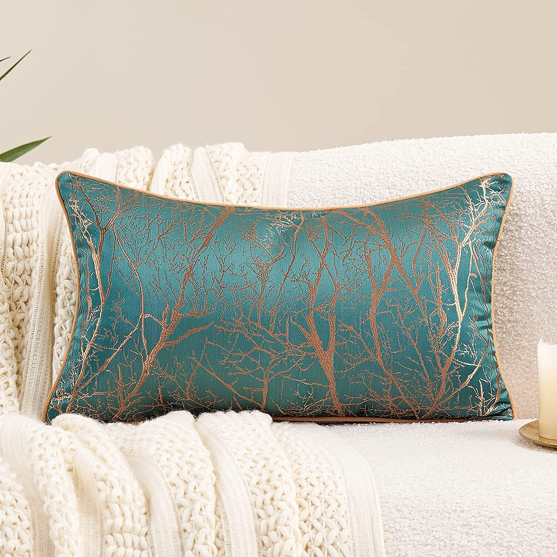 FUNDA DE COJIN DE LUJO DECORATIVO BORDADO 30X50 XS VERDE AZULADO 1