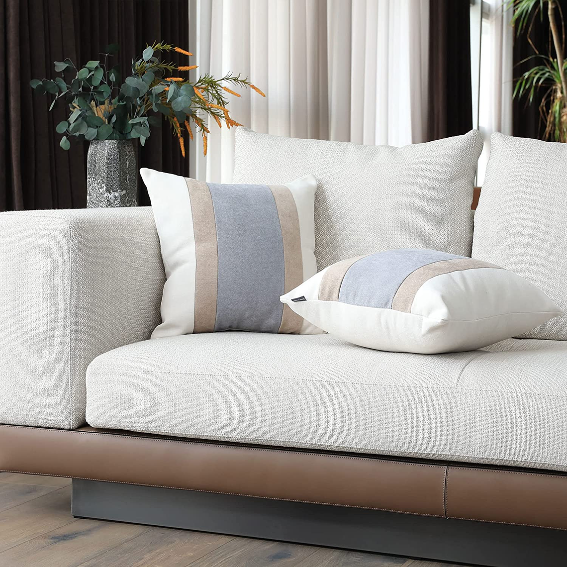 FUNDAS DE COJIN A RAYAS ESTILO EUROPEO DE LUJO 45 X 45 CAFE CON GRIS 2