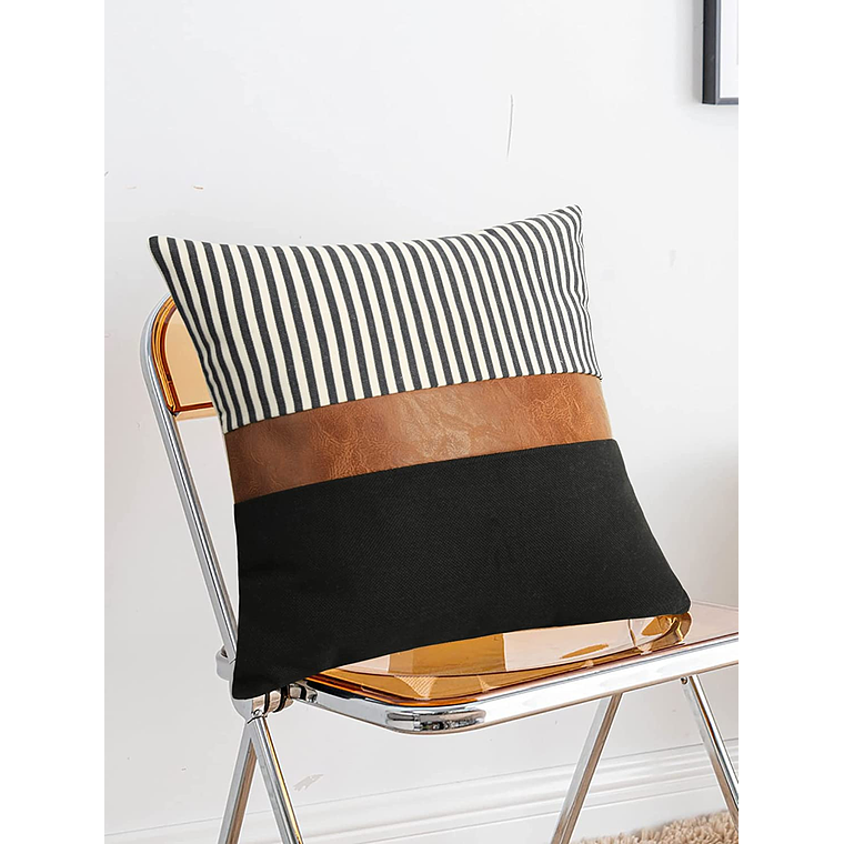 FUNDAS DE COJIN CUERO SINTETICO CON LINO ALGODÓN  50 X 50 NEGRO RAYAS NEGRAS 3