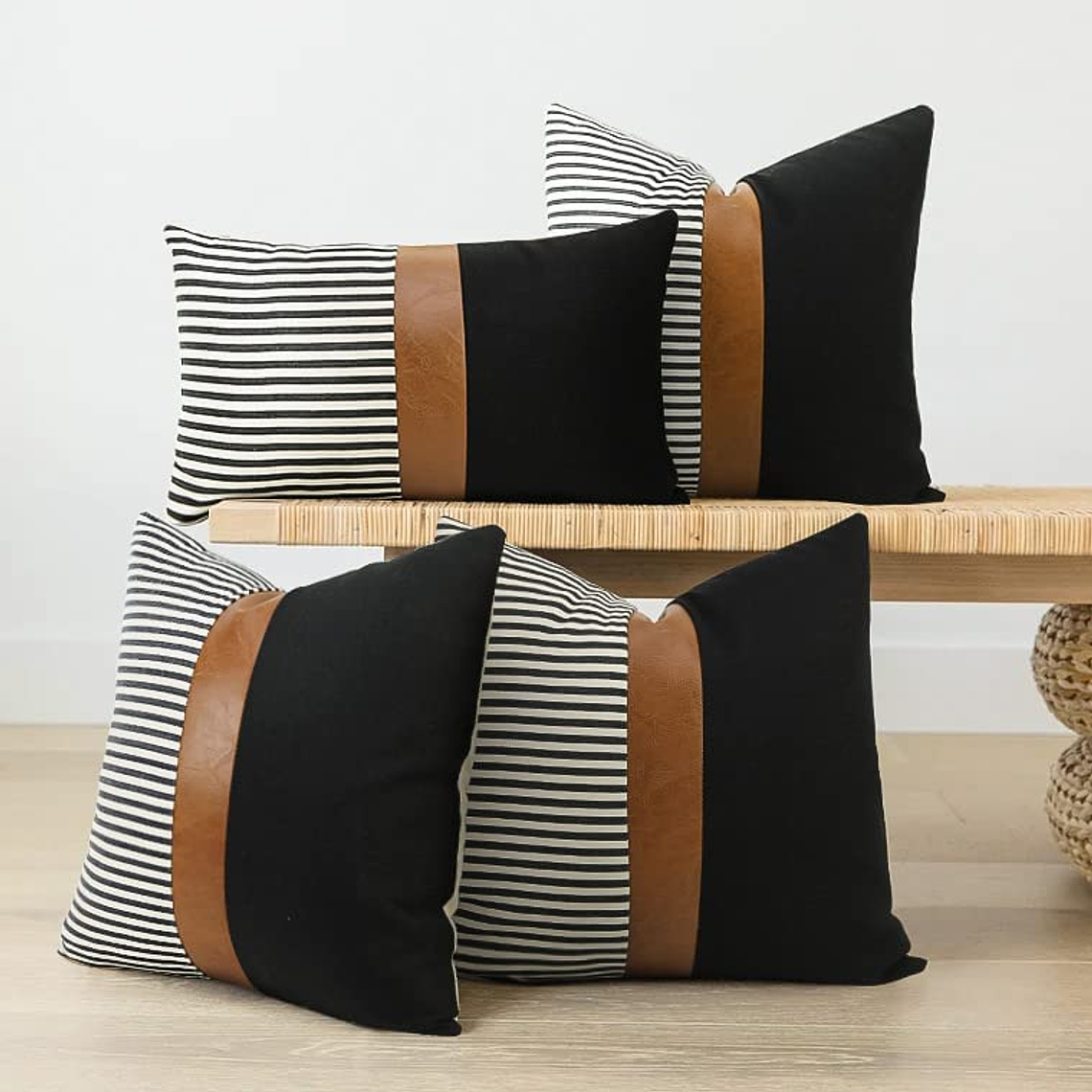 FUNDAS DE COJIN CUERO SINTETICO CON LINO ALGODÓN  50 X 50 NEGRO RAYAS GRISES 5