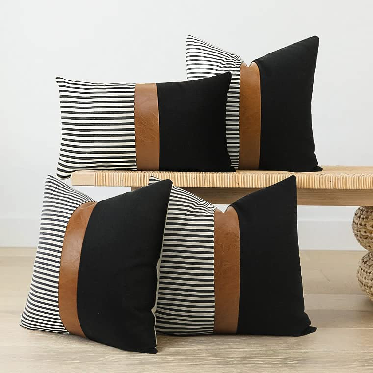 FUNDAS DE COJIN CUERO SINTETICO CON LINO ALGODÓN  50 X 50 NEGRO RAYAS GRISES 5