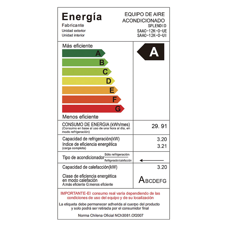 AIRE ACONDICIONADO SPLIT 12000BTU ON/OFF SPLENDID 6