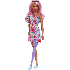 Barbie Fashionista Cabello Rosa Vestido Floral y Pierna Protésica