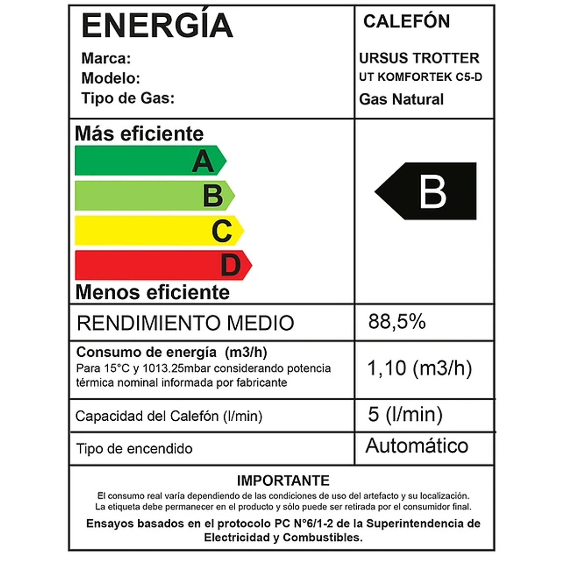 CALEFÓN 5 LITROS GAS NATURAL URSUS TROTTER KOMFORTEK C5-D 2