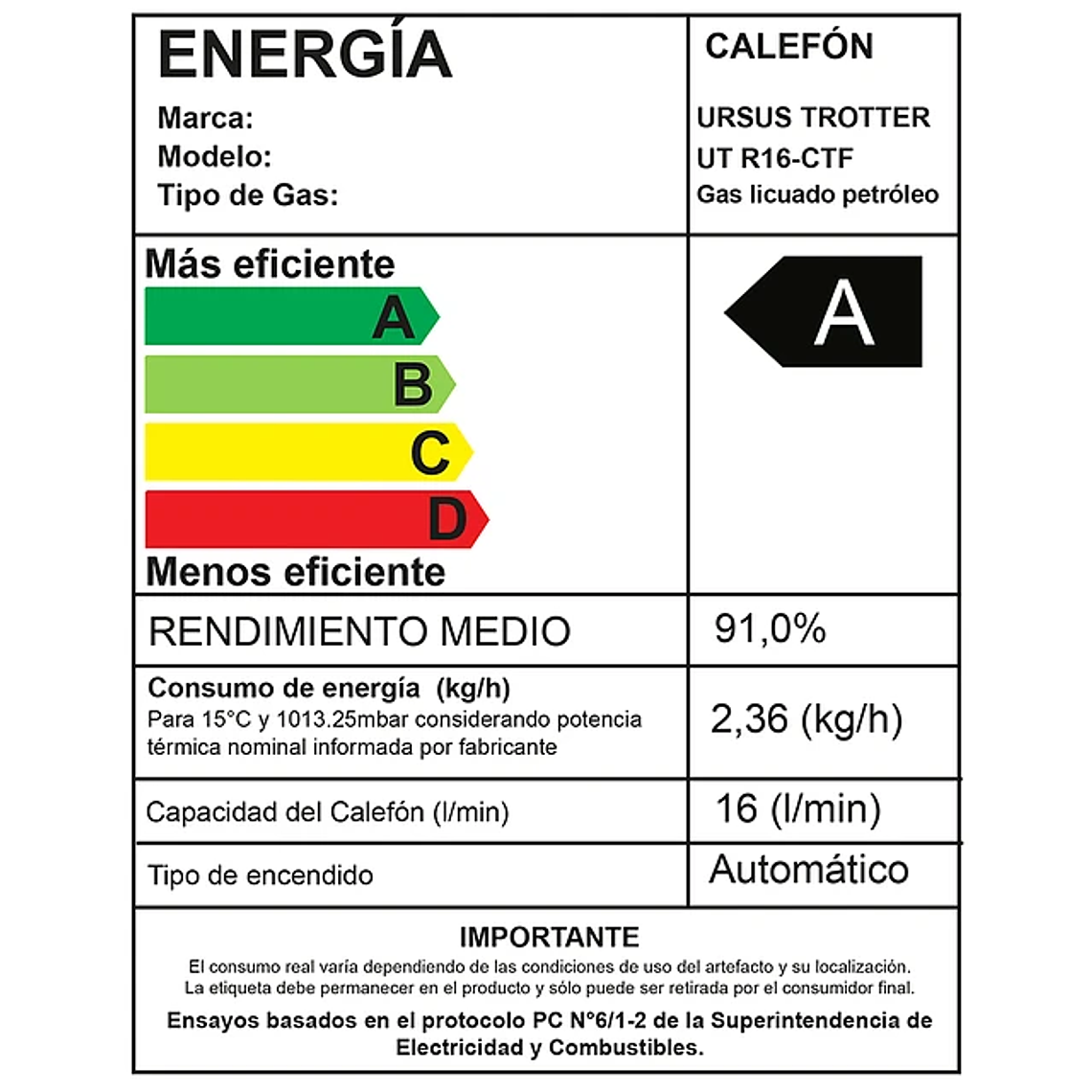 CALEFÓN GAS LICUADO 16 LITROS TIRO FORZADO UT R16-CTF URSUS TROTTER 3