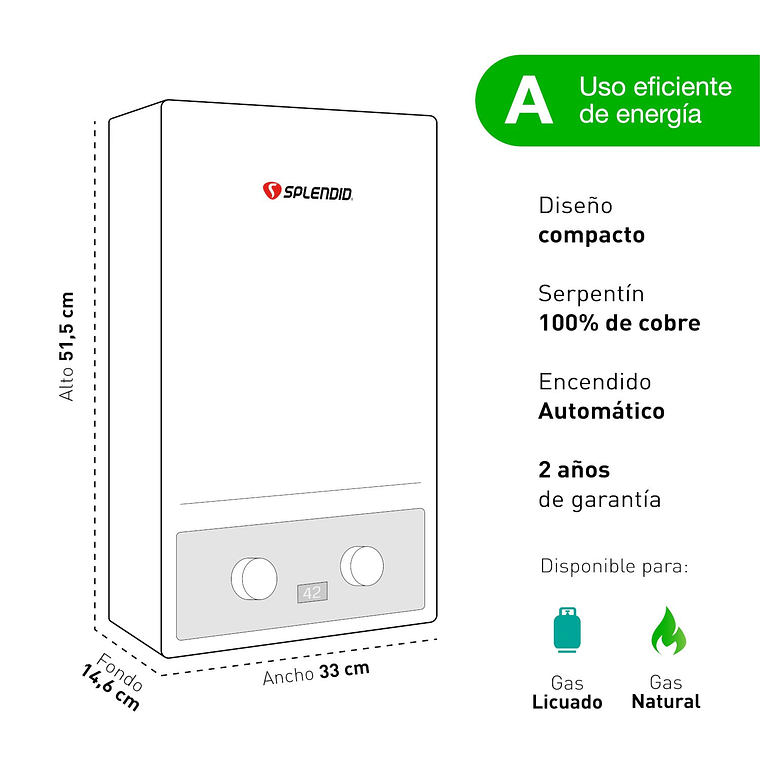 Calefon 7 litros Gas natural Tiro forzado Splendid 7