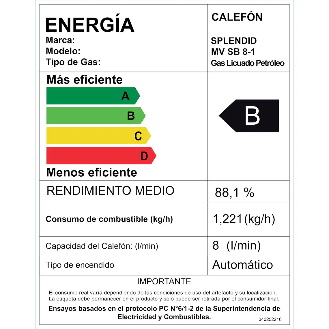 Calefont 8 litros Gas licuado Tiro natural Splendid 6
