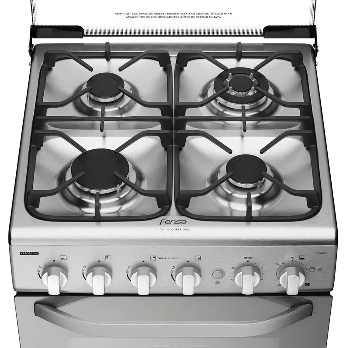 COCINA A GAS 4 PLATOS FENSA EXPERIENCE CON VAPORBAKE Y TRIPLE LLAMA F 2808 T INOX 4