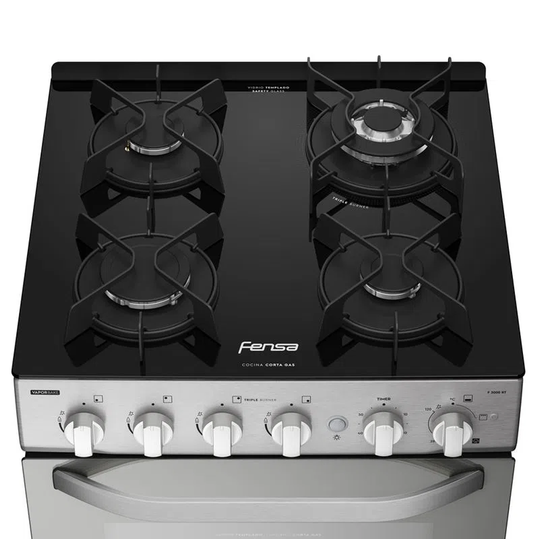 COCINA A GAS 4 PLATOS FENSA EXPERIENCE CON VAPORBAKE Y CUBIERTA VIDRIO F 3000 RT INOX