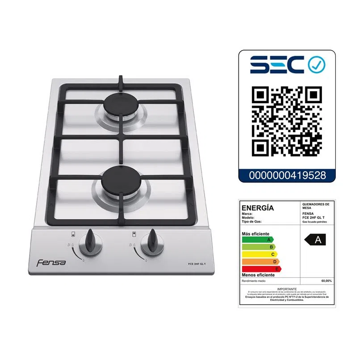 ENCIMERA A GAS 2 PLATOS FENSA ENCENDIDO ELÉCTRICO Y PARRILLA HIERRO FUNDIDO FCE 2HF GL T INOX 7