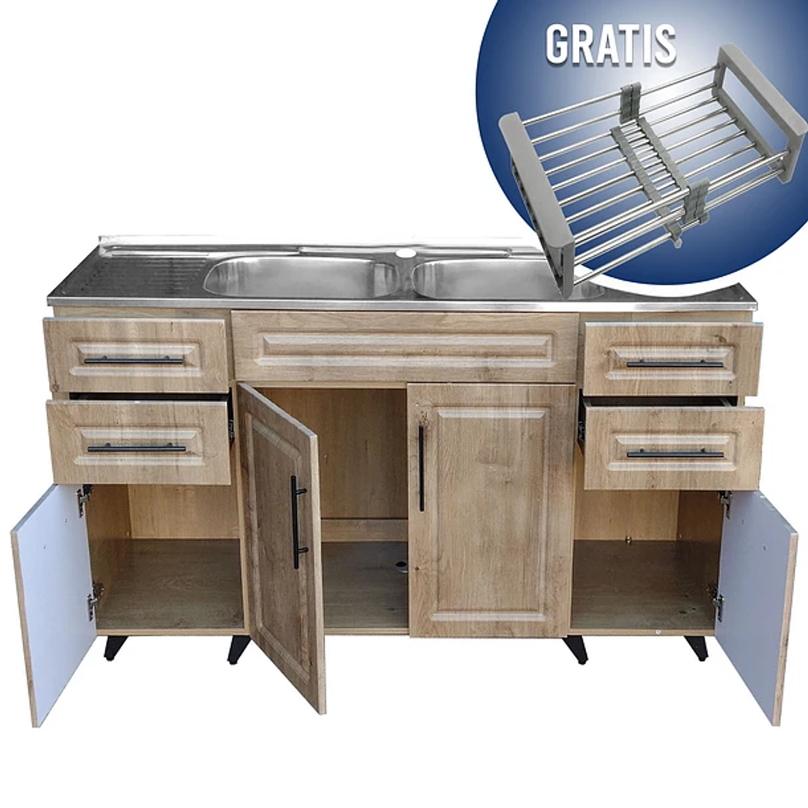 Kit Mueble + Lavaplatos Doble W (Color Madera) / 150x90x50cm 2