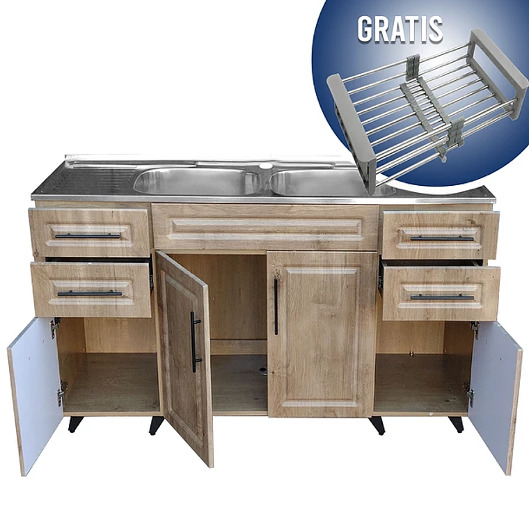 Kit Mueble + Lavaplatos Doble W (Color Madera) / 150x90x50cm 2