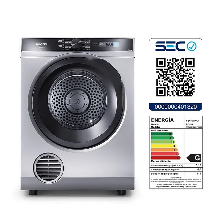 SECADORA DE ROPA FENSA 9KG CARGA FRONTAL AUTOSENSE PREMIUM CARE PRO 9D GRIS 6
