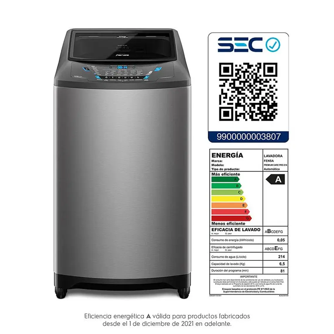 Lavadora Fensa Automática Carga Superior 21Kg Sustentable Premium Care Pro 21X 7