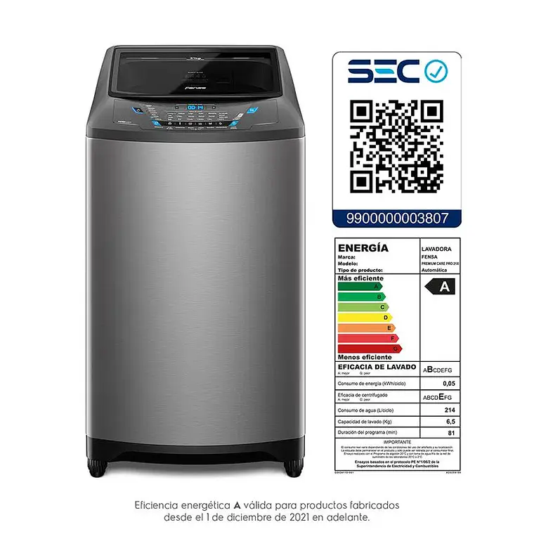Lavadora Fensa Automática Carga Superior 21Kg Sustentable Premium Care Pro 21X 7