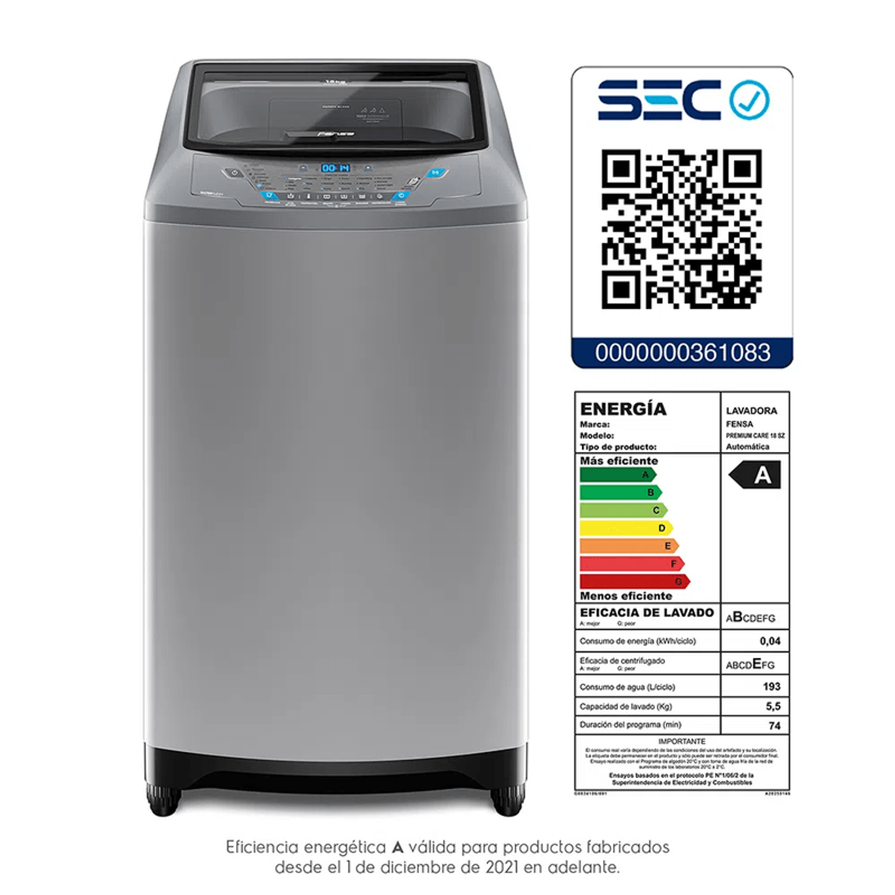 LAVADORA AUTOMÁTICA FENSA 18KG CARGA SUPERIOR CONTROL TIEMPO PREMIUM CARE 18SZ GRIS