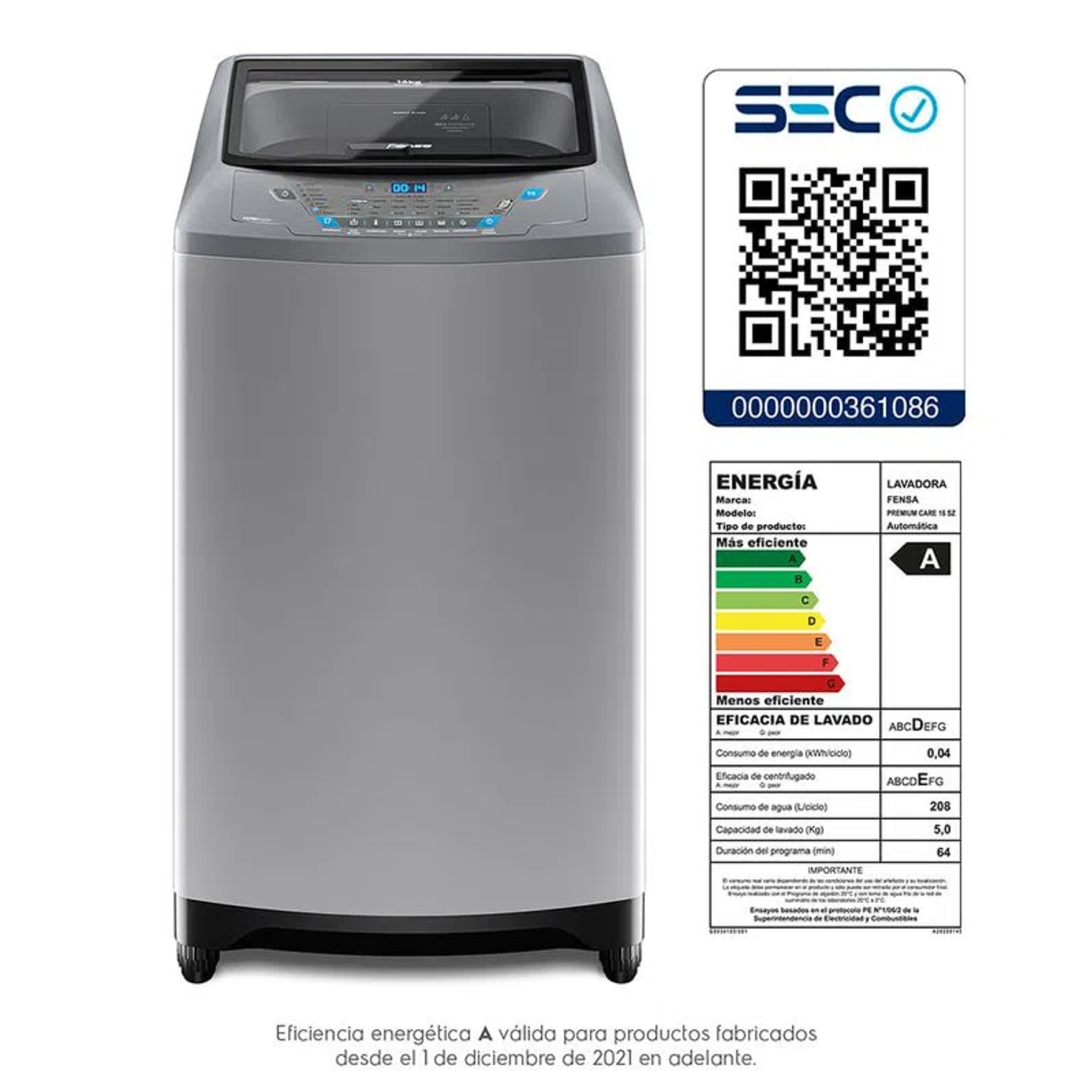 LAVADORA AUTOMÁTICA FENSA 16KG CARGA SUPERIOR CONTROL TIEMPO PREMIUM CARE 16SZ GRIS