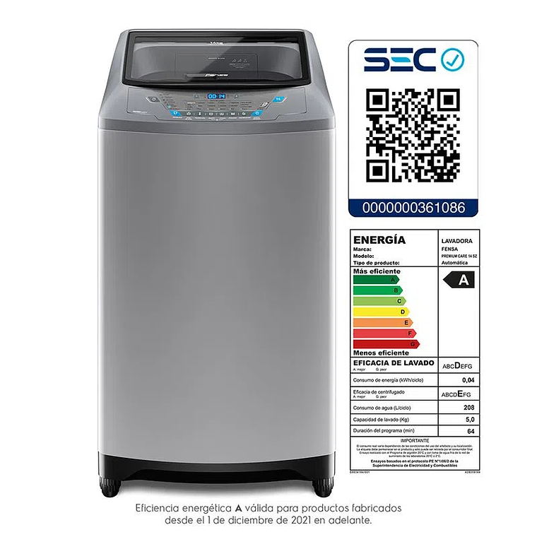 LAVADORA AUTOMÁTICA FENSA 14KG CARGA SUPERIOR CONTROL TIEMPO PREMIUM CARE 14SZ GRIS 6